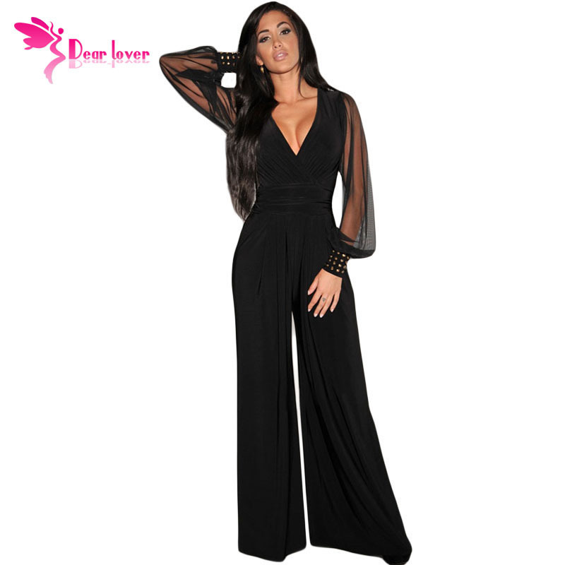 

Dear-lover Long Black Rompers Womens Jumpsuit Winter Autumn Party V-neck Embellished Cuffs Mesh Sleeves Loose Club Pants Lc6650 Y19051501, As shown