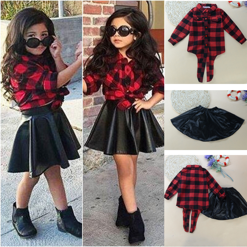 

Fashion Girls Kids Princess Plaid Tops Shirt Leather Skirt Summer Outfits Clothes fashion style hot selling Top suits B247, White