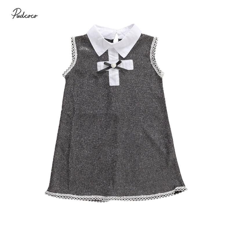 

2020 1-6Y Toddler Kid Girl Summer Sleeveless Dress Bow Shirt Collar Hollow Out Edge Design Grey Dress for Leisure, As pic