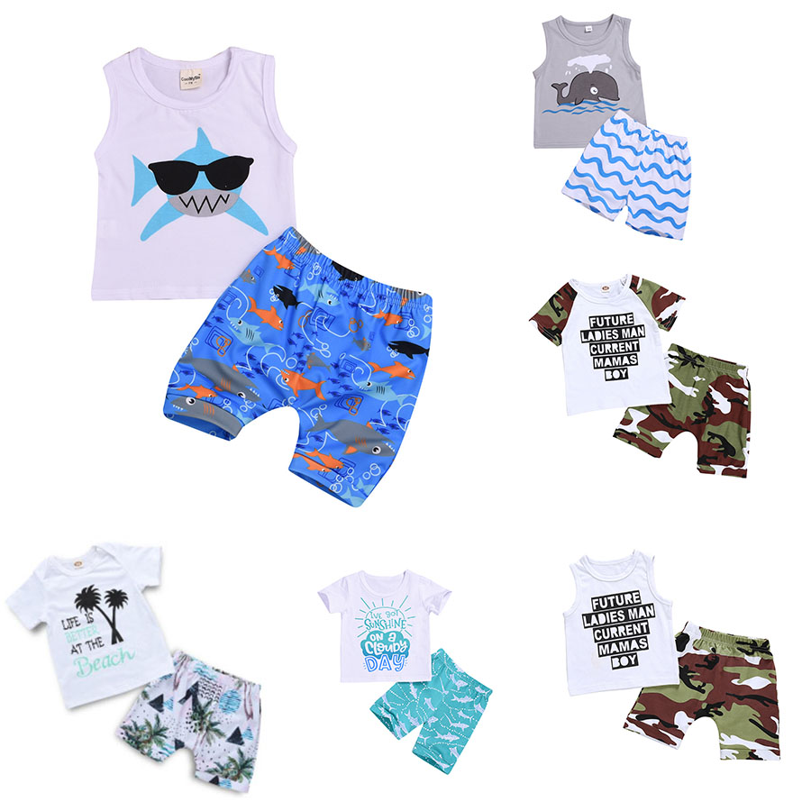 

kids designer clothes boys outfits children shark dolphin print top+Camouflage shorts 2pcs/set 2019 Summer Boutique baby Clothing Sets C6527, White