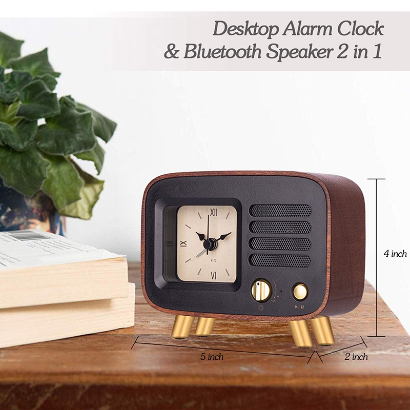 

IALJ Top Retro Alarm Clocks & Bluetooth Speaker, Roman Numbers Silent Wooden Analog Desktop Clock W/ Rechargeable Stereo HD Soun