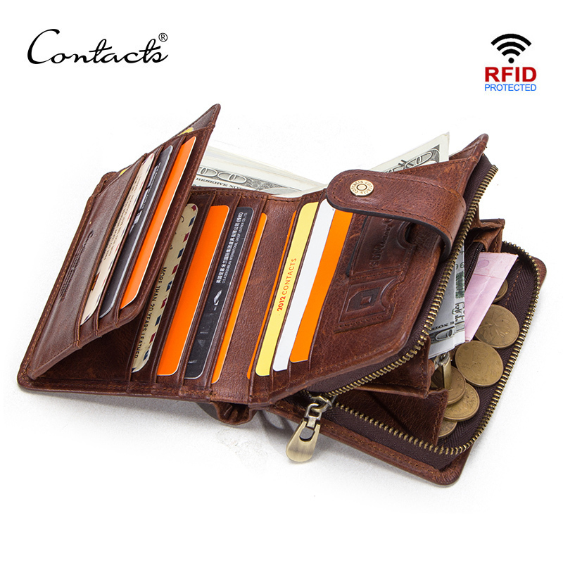 

Contact's Genuine Leather Rfid Vintage Wallet Men With Coin Pocket Short Wallets Small Zipper Walet With Card Holders Man Purse J190721, Coffee