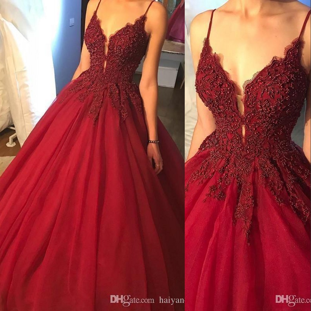 

Cheap Dark Red Wine Prom Dresses Spaghetti Straps Lace Applique Beading vestidos Puffy Keyhole Tulle Formal Party Wear Evening Gown vestidos, Light purple