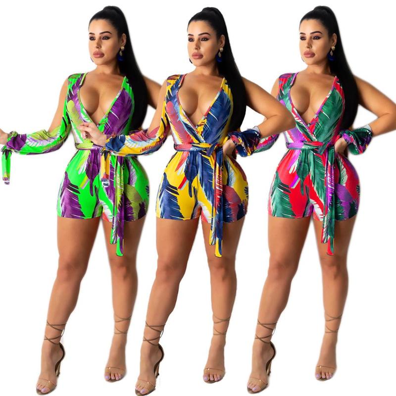 

2020 Women Summer Bodysuits Sexy V-Neck Sashes Leaf Print Rompers Street Night Club Party Jumpsuits One Piece Outfits, Blue
