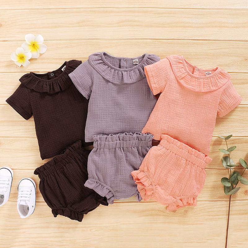 

Baby Girl Summer Clothes 2020 Outfits For Infant Baby Girls Cotton Linen Ruffles Short Sleeve Solid T-shirt Tops+shorts Outfits, Brown