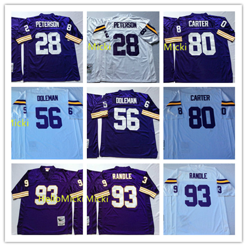 

Mens #56 Chris Doleman Vintage Football Jersey Stitched Purple white #80 Cris Carter #93 John Randle #28 Adrian Peterson Jersey M-3XL, Black;red