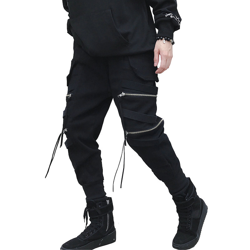 

Januarysnow Designer Hip Hop Streetwear Joggers Men Black Zipper Ribbons Harem Pants Cotton Casual Slim Street Style Ankle Length Sweatpants, Packing bag
