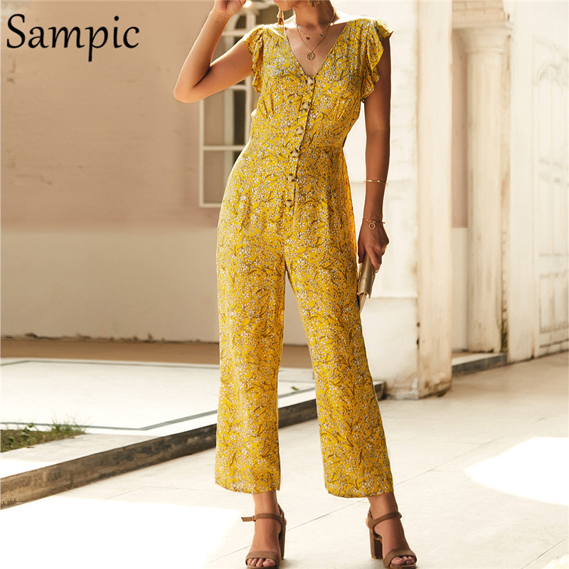 

Sampic Casual Floral Print Summer Jumpsuit Women Elegant Ruffle Wide Leg Jumpsuits Yellow Rompers Womens Jumpsuit 2020 V Neck, Black