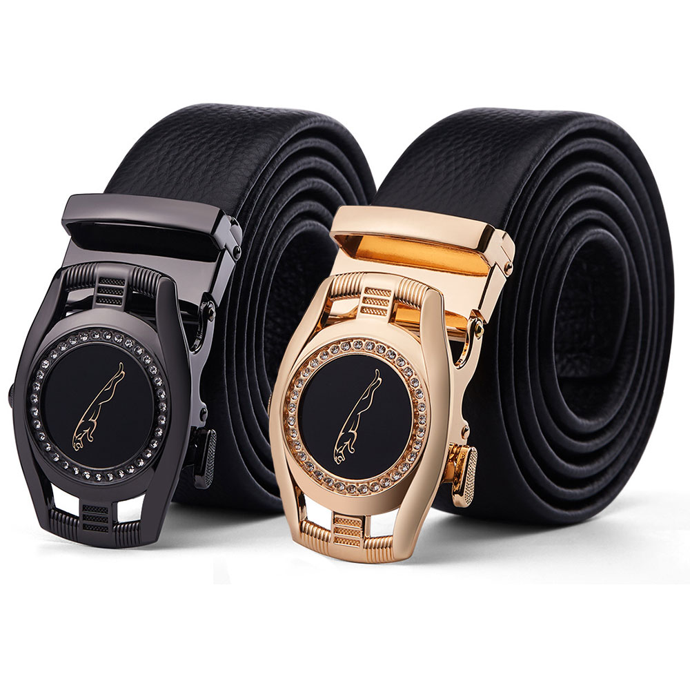 

Brand New Luxury Belts New Fashion Mens Business Belts Leopard Automatic Buckle Genuine Leather Belts For Mens Waist Belt birthday gift, Black