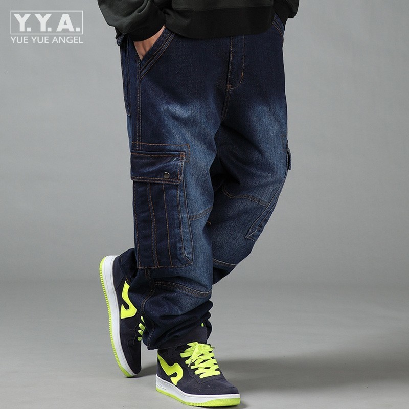 

New Large Size 44 46 Blue Baggy Men Jeans Slim Fit Straight Loose Demin Pants Big Multi Pockets Casual Trousers Pantalon Homme, B lu