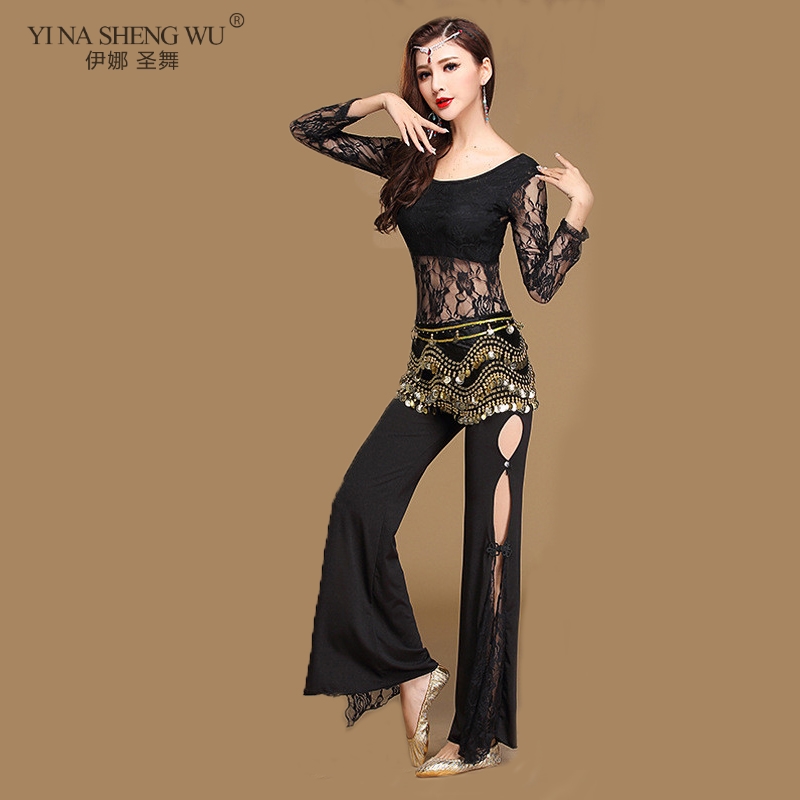 

New Style Practice Set Bellydance Costume Set 2pcs Sexy Long Sleeve Lace Top+Pants For Women Belly Dance Practice Sets 8 Colors, 2pcs black