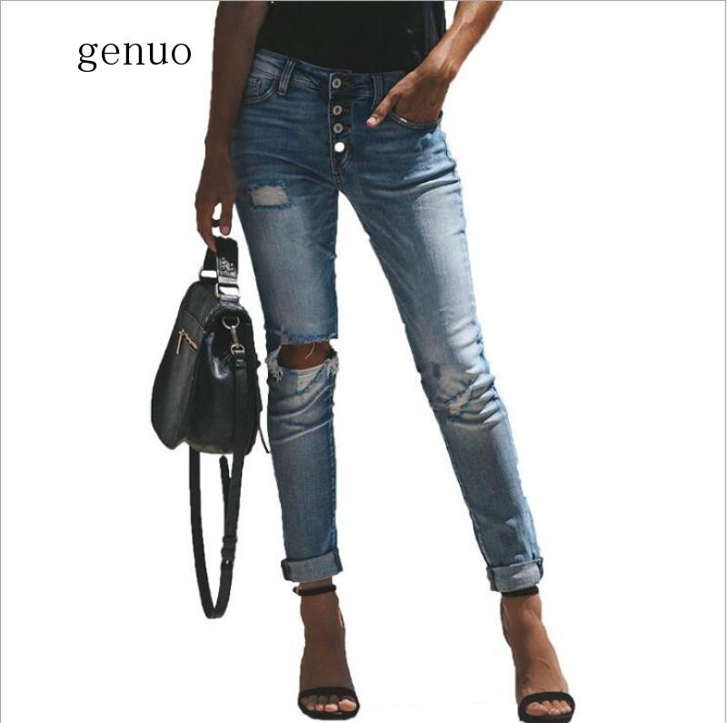 

2020 High Waist Washed Vintage Row Button Design Holes Jeans For Women Full Length Pencil Pants Summer Fashion Jeans, As pic