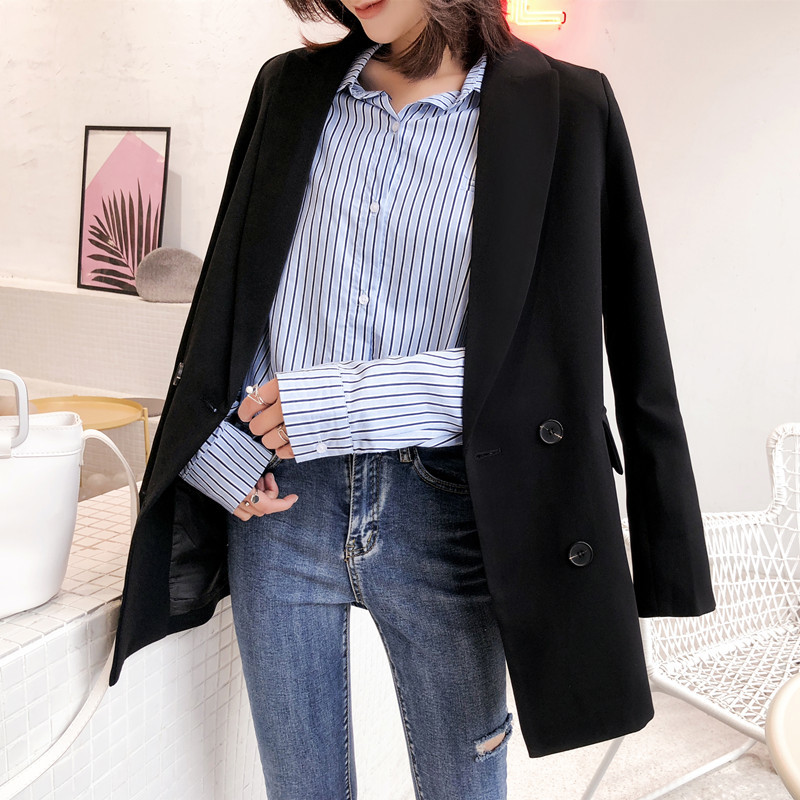 

Black Women Blazers And Jackets New Spring Autumn Fashion Double Breasted Femenino Ladies Blazer LX2146, White;black