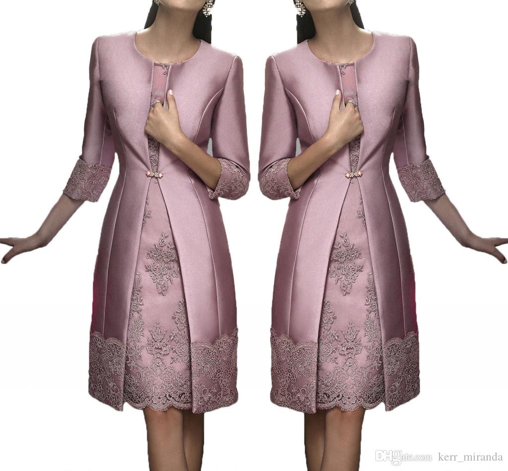 

Vintage Knee Length Mother Off The Bride Groom Plus Size Suits Long Jacket Appliques Lace Wedding Guest Dresses Mother Of The Bride Dresses