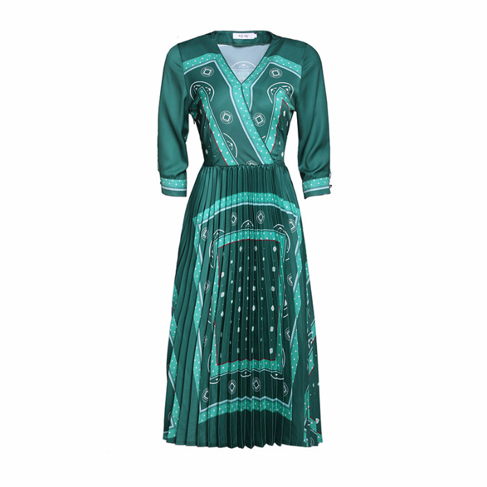 

Autumn Vintage V Neck Half Sleeve Knee-length Satin Cocktail Dress Woman Fashion Pleated Printed Dress High Quality Ladies, Xaq523