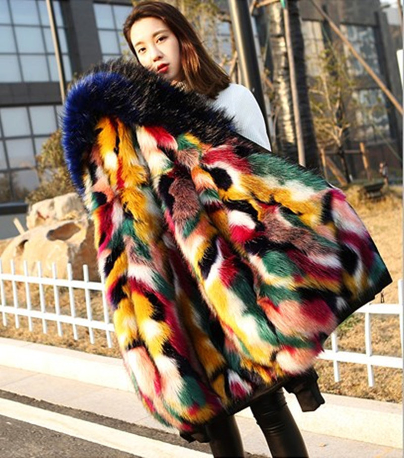 

Women Elegant Fur Coats Colorful Faux Fur Coat Multicolor Long Sleeve Hooded Collar Casual Woman Winter Coats, As pic