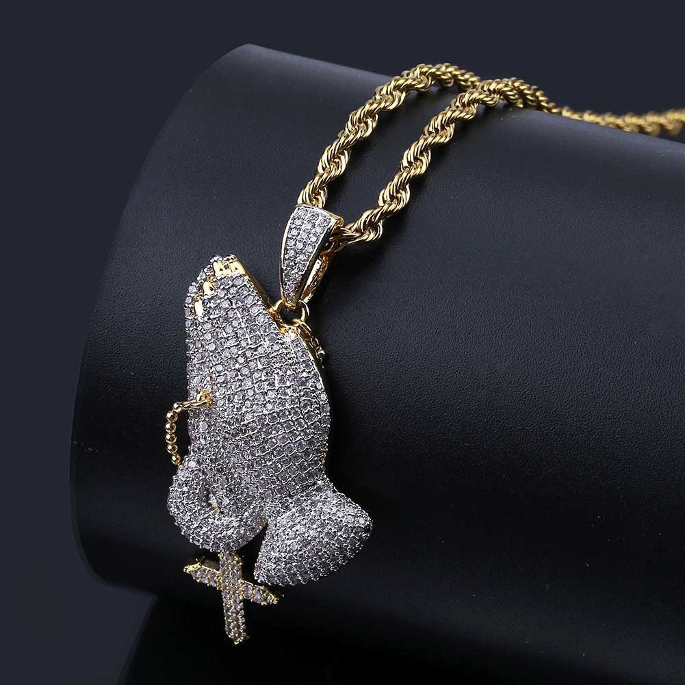 

Christianity Cross Pray Gesture Necklace Zircon Hip-hop Chaozhou Men And Women Pendant Jewelry