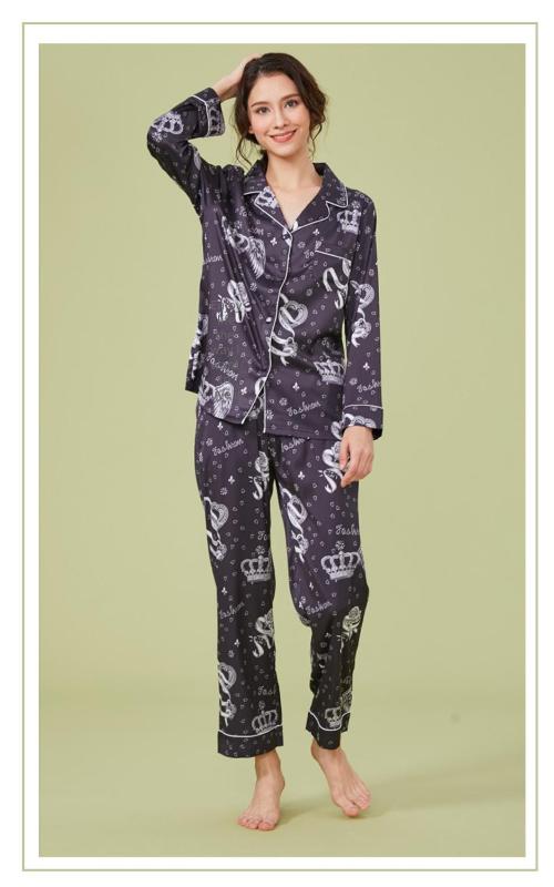

Women Pajama&Women Homewear Silk Sleepwear Pigiama estate donna Women 2 Piece Summer sets printing Sleepwear, Black