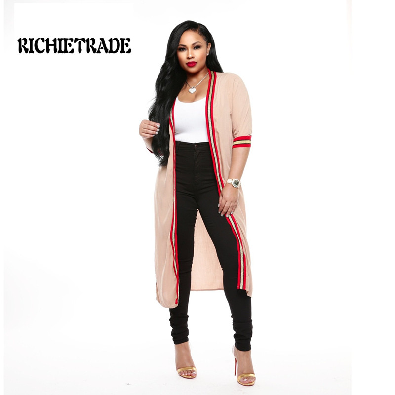 

RICHIETRADE Fashion Woman Jacket A Long Shawl With Stripes And An Open Shirt, Beige