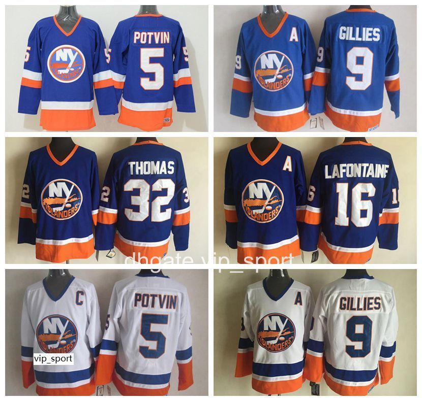 

New York Islanders Man 5 Denis Potvin Jersey 9 Clark Gillies 32 Steve Thomas 16 Pat LaFontaine Vintage Home Road Blue White, Black;red