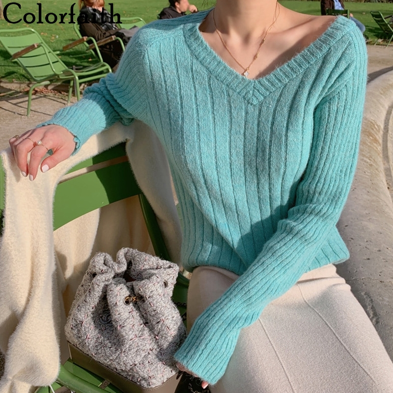 

Colorfaith New 2019 Autumn Winter Women Sweater Knitting Loose Fashionable V-neck Elasticity Korean Style Pullovers Tops SW8378, Beige