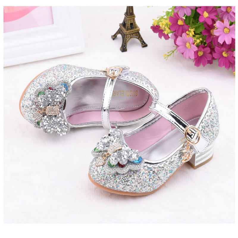 

2020 SPring Autumn Children's Mules Clogs Shoes Princess Sandals Kids Girls Wedding Shoes High Heels Leather Bowtie Dress, Blue