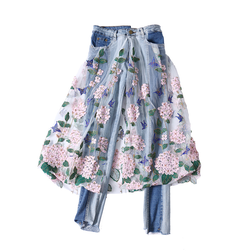 

2020 Spring Fashion Womens Mesh Spliced Jeans Embroidery Ripped Jeans Panekked Pencil Pants, Blue