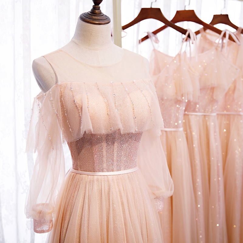 

4 Style Full Length Light Pink Female Fashion Stage Show Performance Dress Woman Spring Summer Sexy Beach Maxi Mesh Dresses