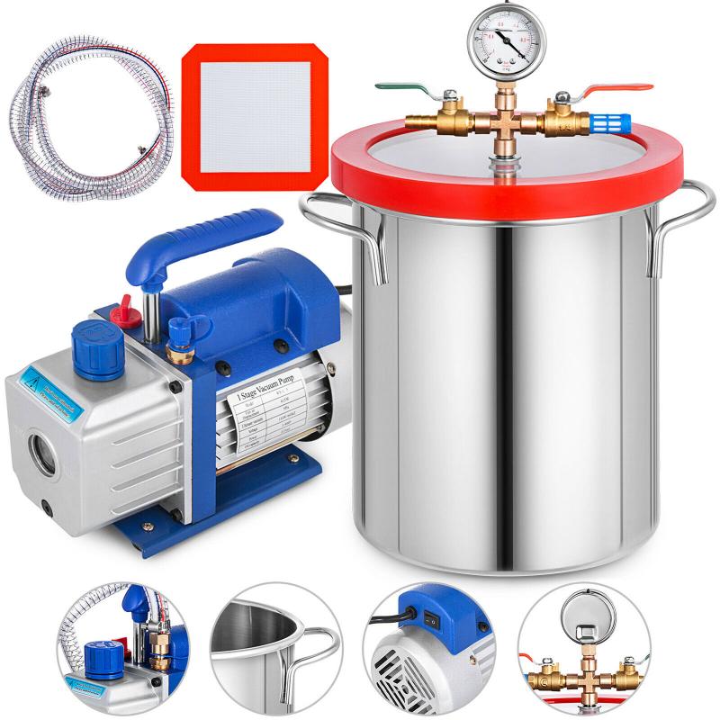 

4 CFM Vacuum Pump 2 Gallon Vacuum Chamber Degassing Kit 1/3HP Single Stage 220ml 1720RPM 5Pa Single Stage