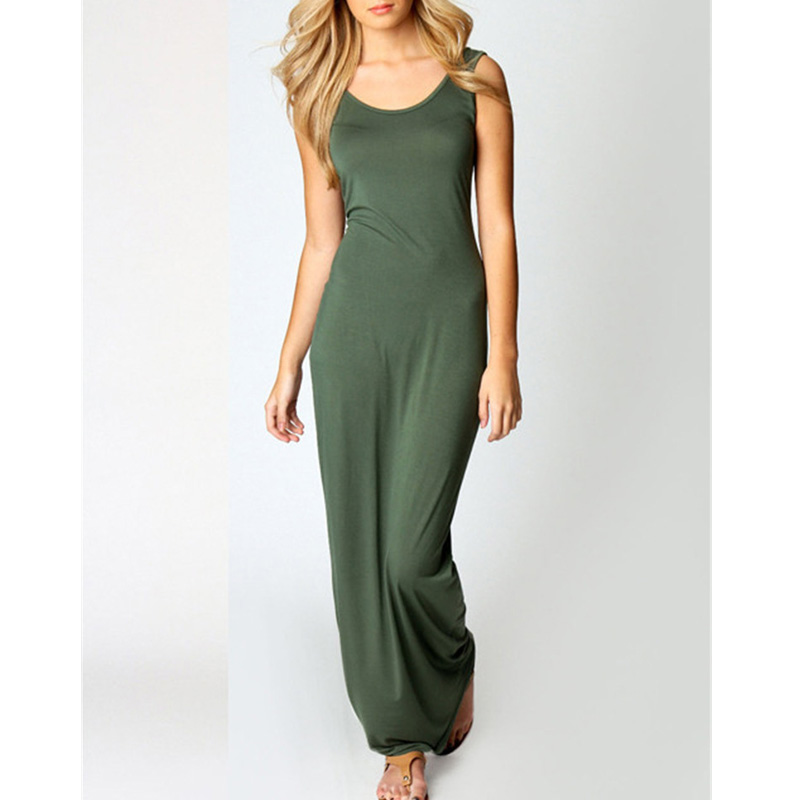 

High Stretch Tank Robe Casual Women Summer Dress O-neck Sleeveless Maxi Dress Fashion Vestidos, Black