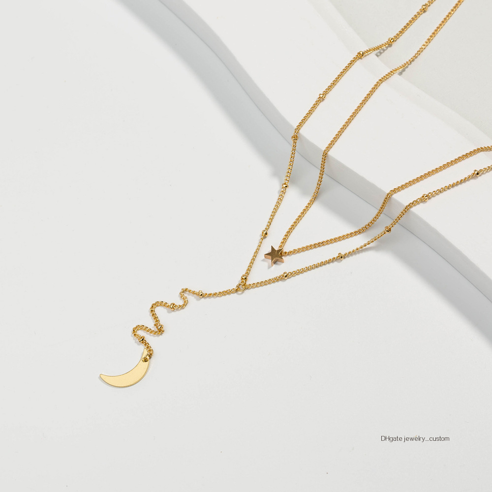 

Golden Little Star Neck Crescent Moon Bay Hanging Tag Ma'am Multi-storey Necklace