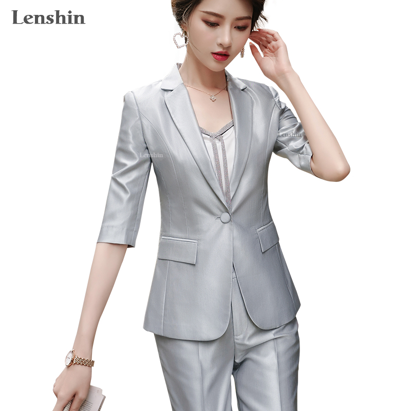 

Lenshin 2 Piece Set Half Sleeve Pant Suit with Two Pockets Summer Wear Office Lady Fashion Designs Women Blazer Calf-Length Pant, 2 piece silver suit
