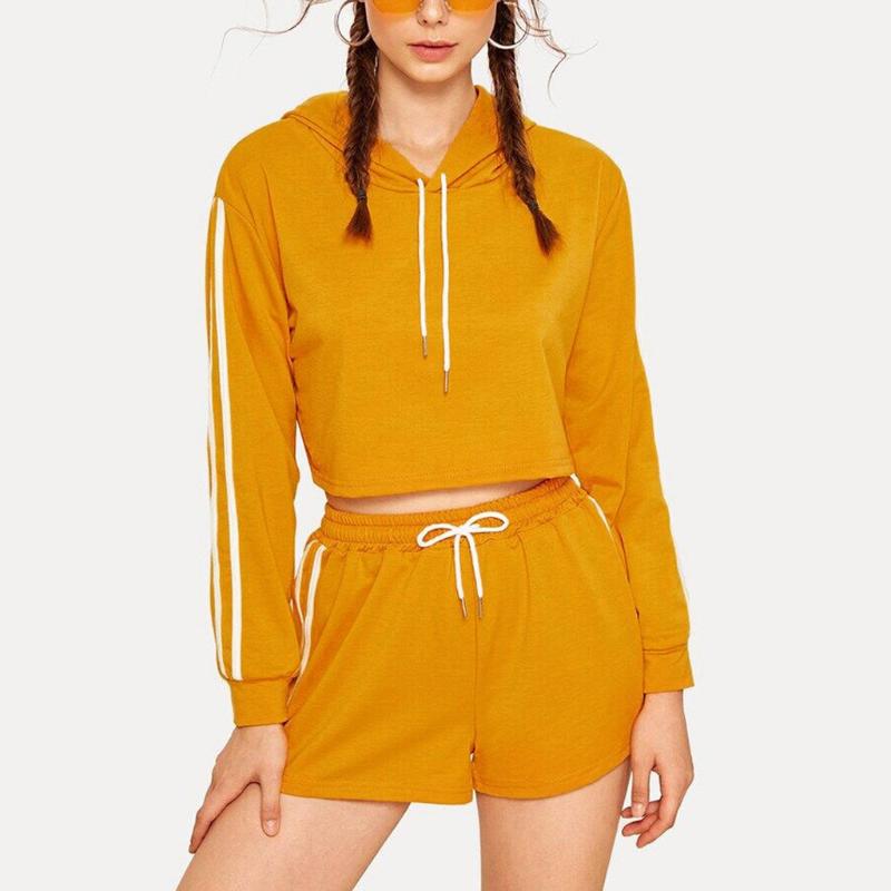 

women long sleeve Sweatshirt Tops Shorts 2Pcs Women Tracksuits Crop Sweatshirt Top Jogging Short Pants Outfit Set#g2, Orange