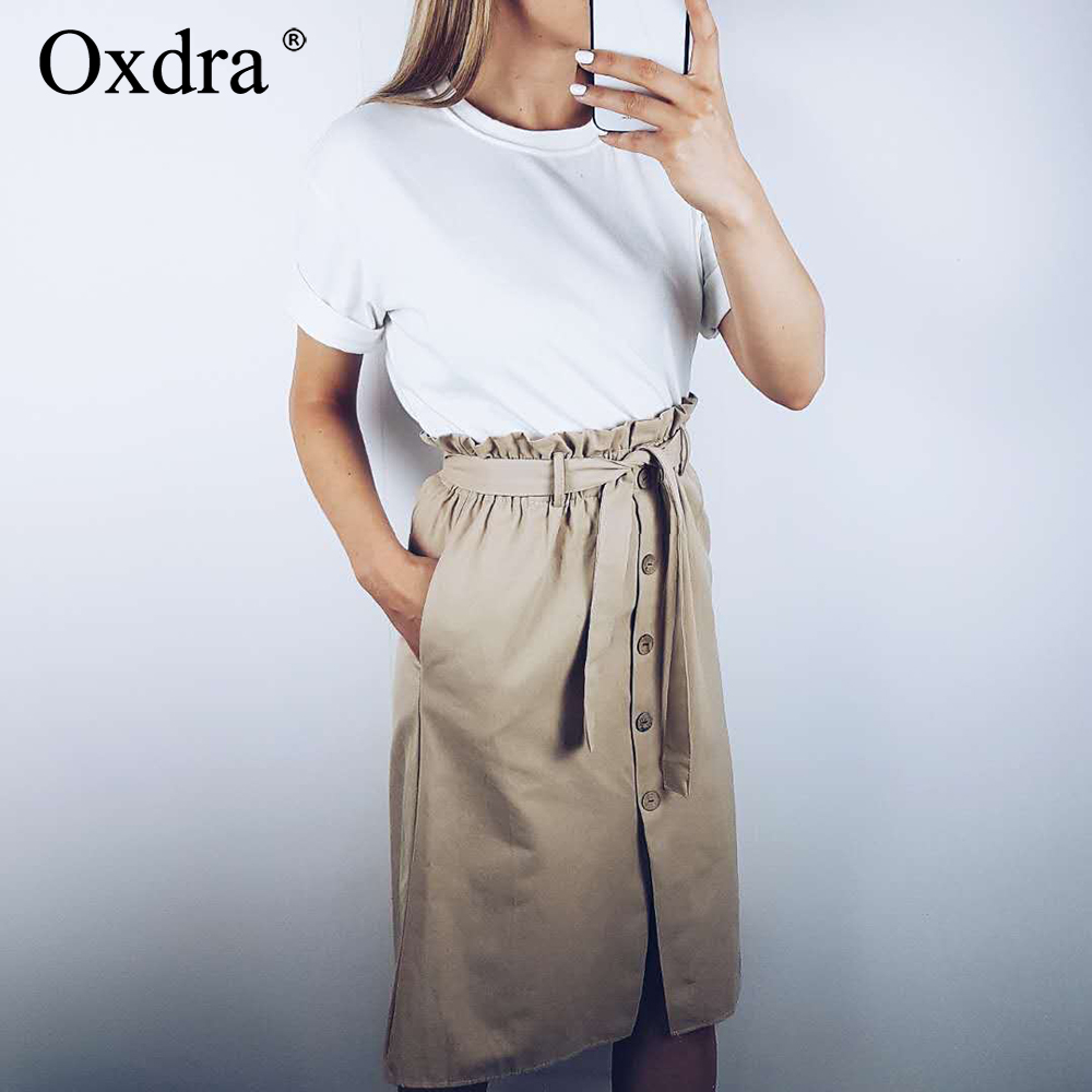 

Oxdra High Waist Button Skirts Pockets A-Line Casual Ladies Bottoms Stylish Female Skirts With Sashes Spring Summer Hot, Black