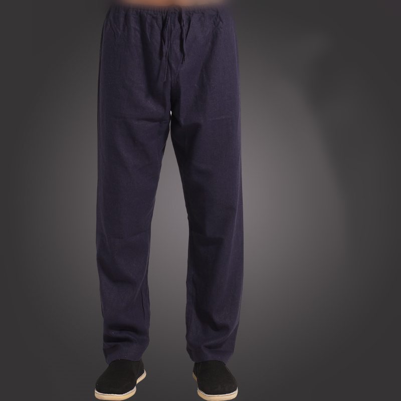 

New Men's Black Blue Pants Traditional Chinese Trousers Cotton Linen Pants Wu Shu Male Elastic Waist