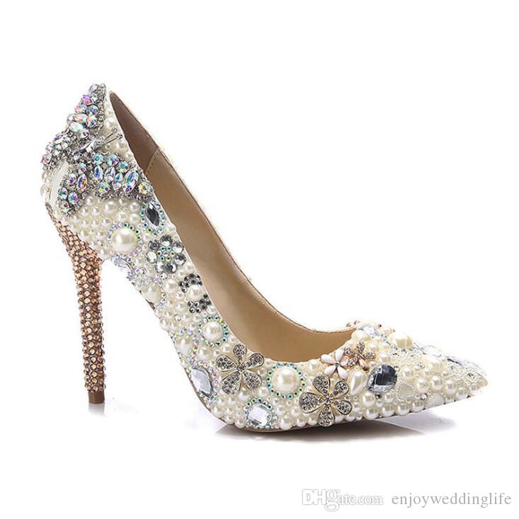 

2020 New Arrivals Genuine Leather High Heels Customized Rhinestone Wedding Bride Shoes Pointed Toe Valentine Party Pumps, Ecru white