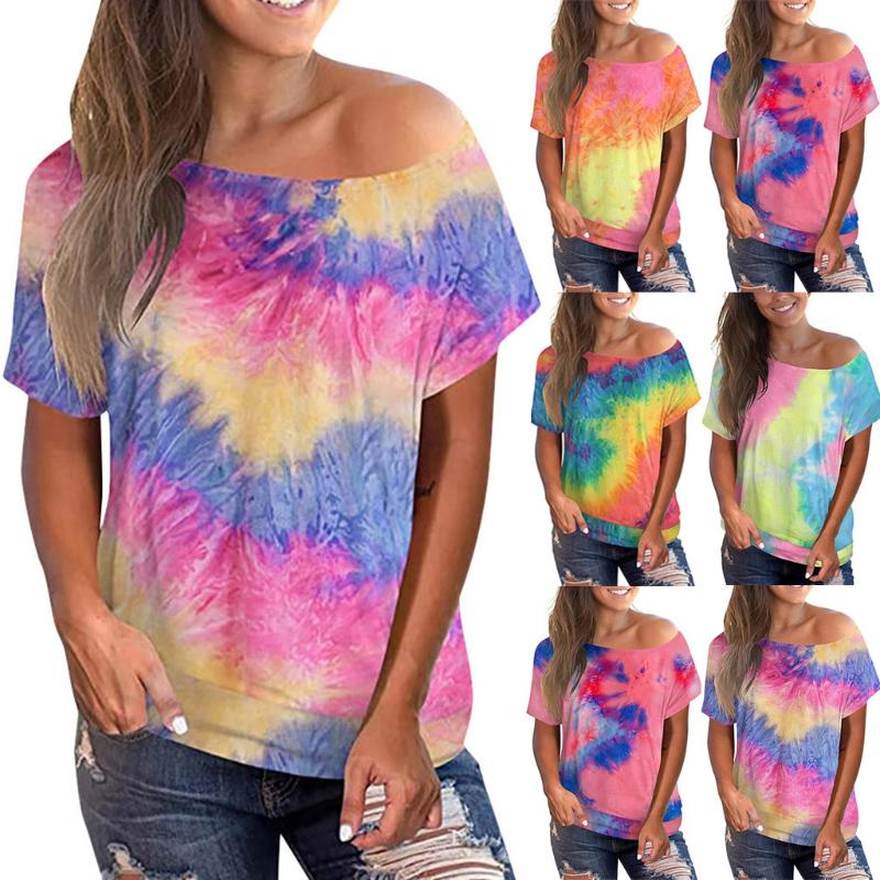 

Tie-dye Women T Shirt Summer New Harajuku Rock punk Band new Short Sleeve tshirts Womens Irregular neck Skew Cross Tops#g2, Purple