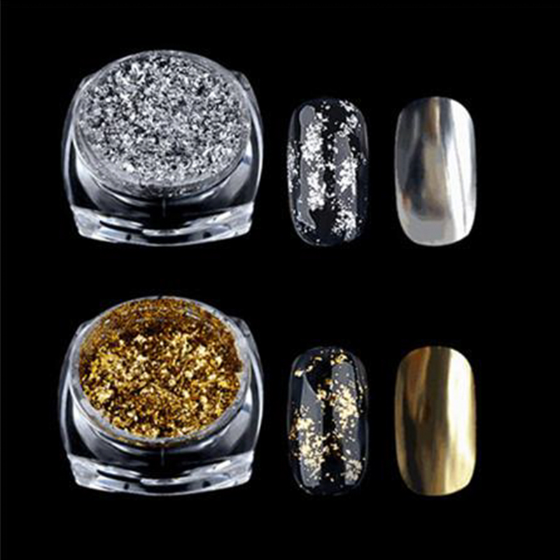 

2 Boxes/Set Nail Flakes Powder Irregular Broken Flakes Gold Silver Flake Sequin With 2PC Brushes Nail Tips Art Glitter xF
