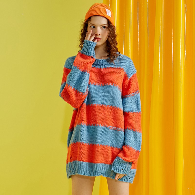 

UNIFREE spring 2020 new round neck color-matching wide stripes striped shoulder loose loose sweater U194K014UU, A2670 stripe