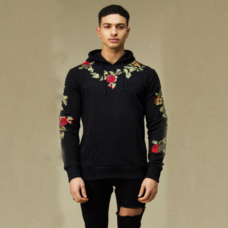 

Men Embroidery Floral Hooded Pullover Hoodies High Street Fashion Cotton Hip Hop Slim Streetwear O-neck Hoodie Autumn, Black