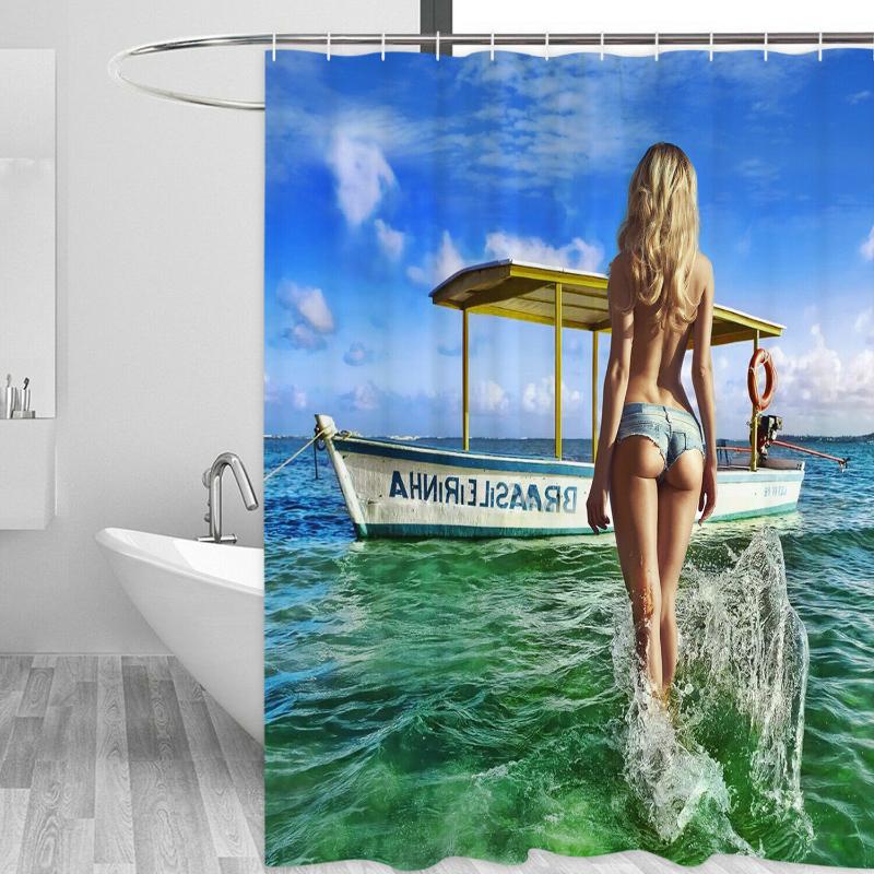 

Waterproof Shower Curtain Sea Women Boat Art Print Bathroom Decor Shower Curtain