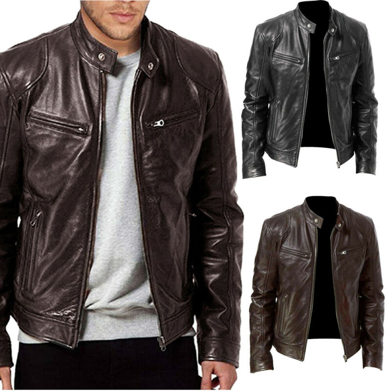 

Men Fake Fur Leather Jacket Men Slim Fit Warm Coat Motorcycle Lambskin Standing Collar Genuine Leather Coat, Black
