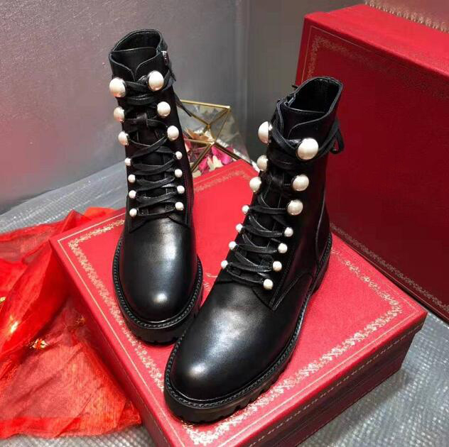 

Woman Rene Caovilla Pearl Embellished Lace Up Boots Black Genuine Leather Suede Luxury Fashion Show Catwalk Rene Ankle Boots Shoes
