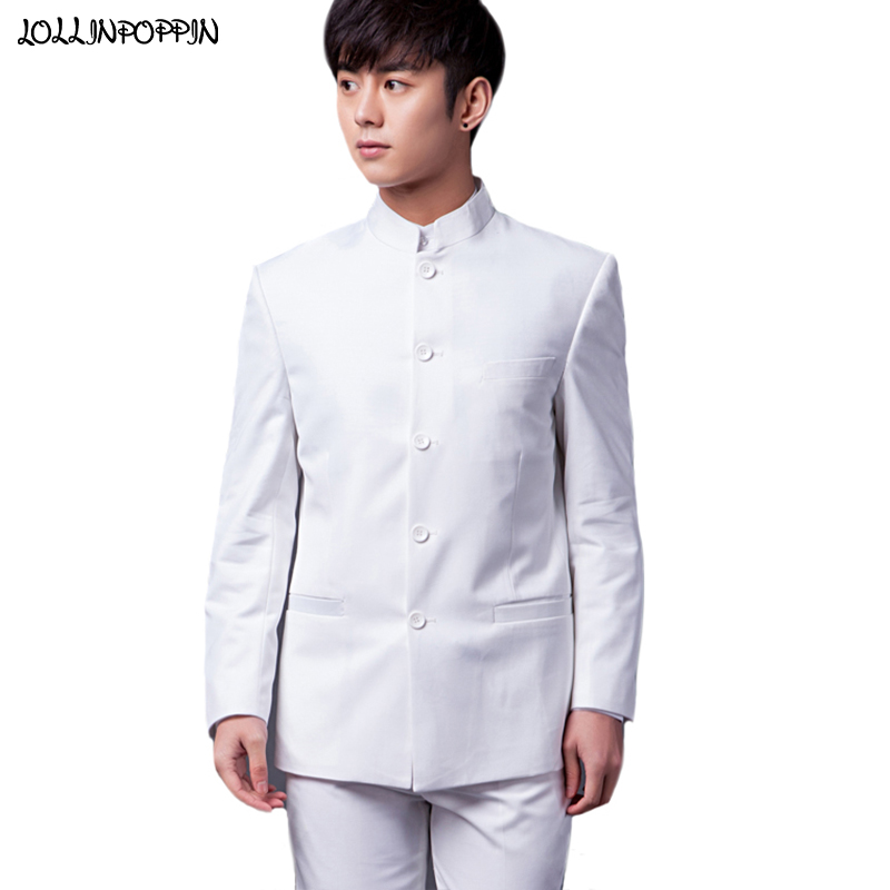 

Men Chinese Style Suit Jacket and Pants Mandarin Collar Mens Suit Set Stand Collar Tunic Suits White / Black Mao