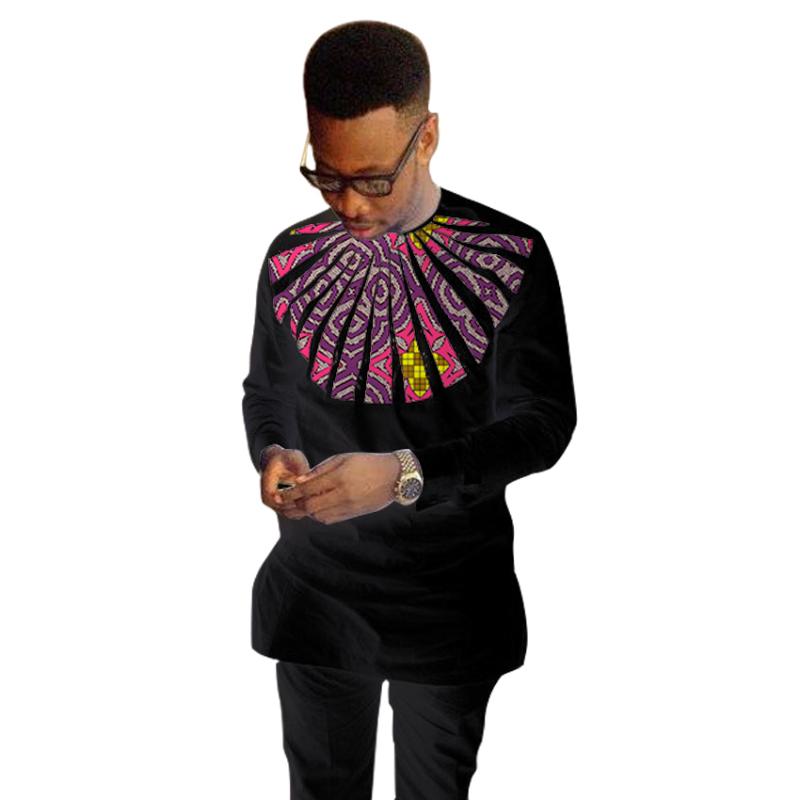 

2020 African fashion men' dress shirt o-neck dashiki print tops wedding event man' outfits long sleeve black patchwork shirts