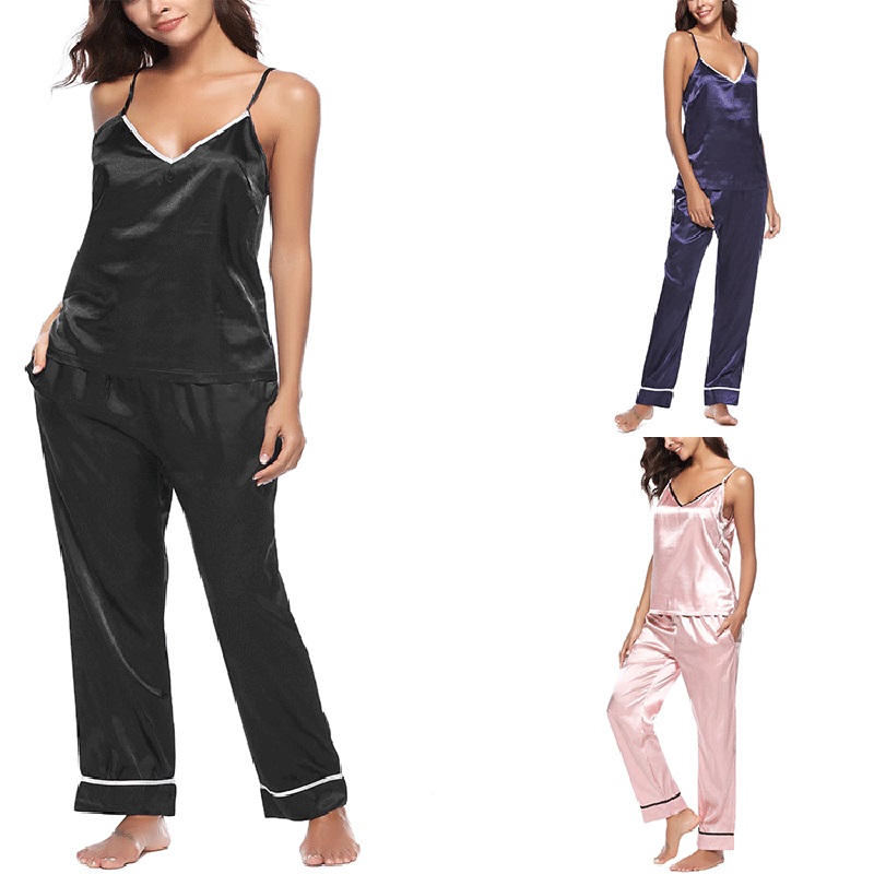 

HONENNA 2018 Women Silk Sexy Pyjamas Summer Satin Underwear Two Pieces Sleepwear Sleeveless Pajamas Sets