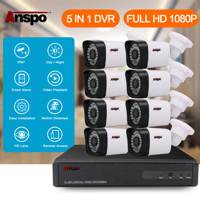 

Anspo 8CH 1080P CCTV Security Camera System 5 in 1 DVR IR-cut Home Surveillance Waterproof Outdoor White Color