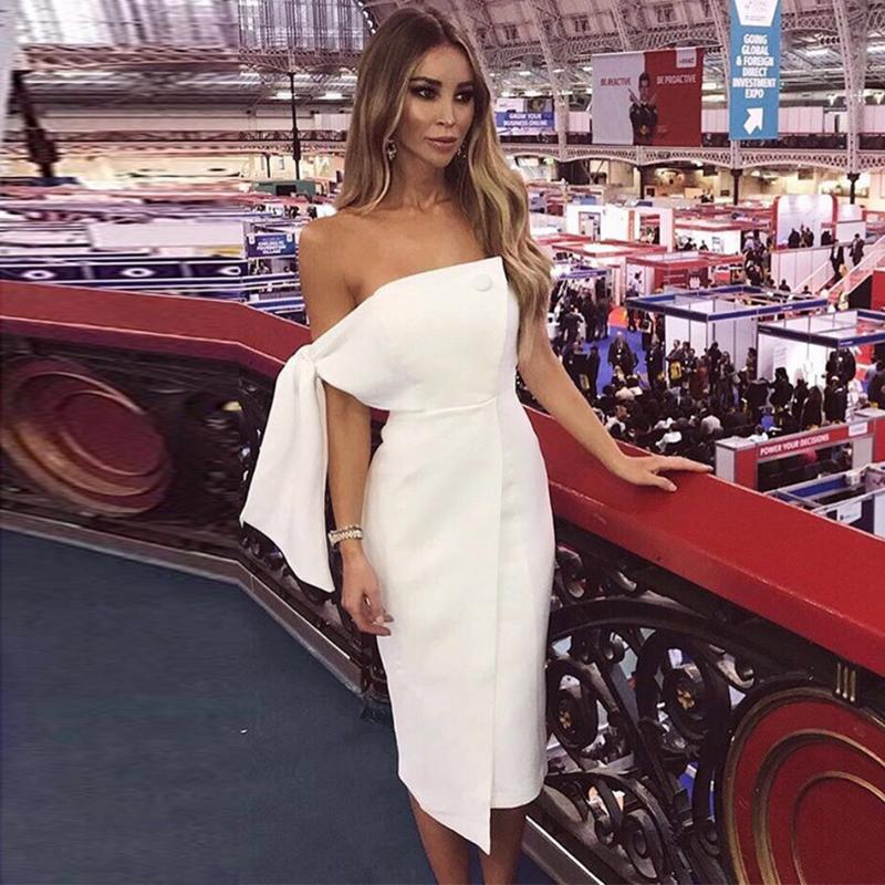 

2018 New Fashion White Dress Summer Elegant One Shoulder Short Sleeve Knee Length Solid Evening Party Dresses Vestidos Wholesale