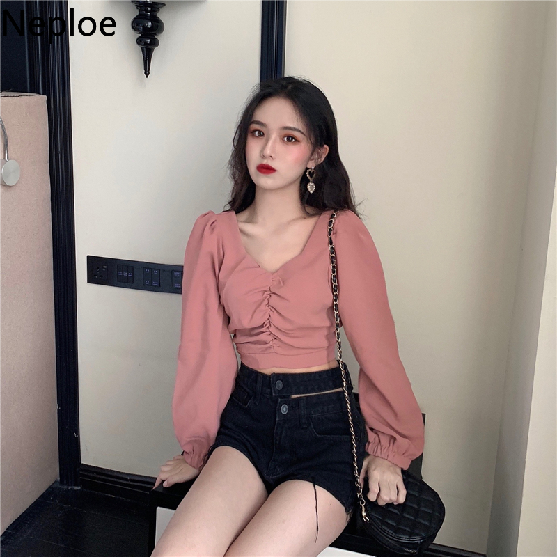

Neploe Blouse Women Spring 2020 Solid V Neck Long Puff Sleeve Ladies Blusa Shirts Fashion Casual Pleated Female Tops 1A996, White