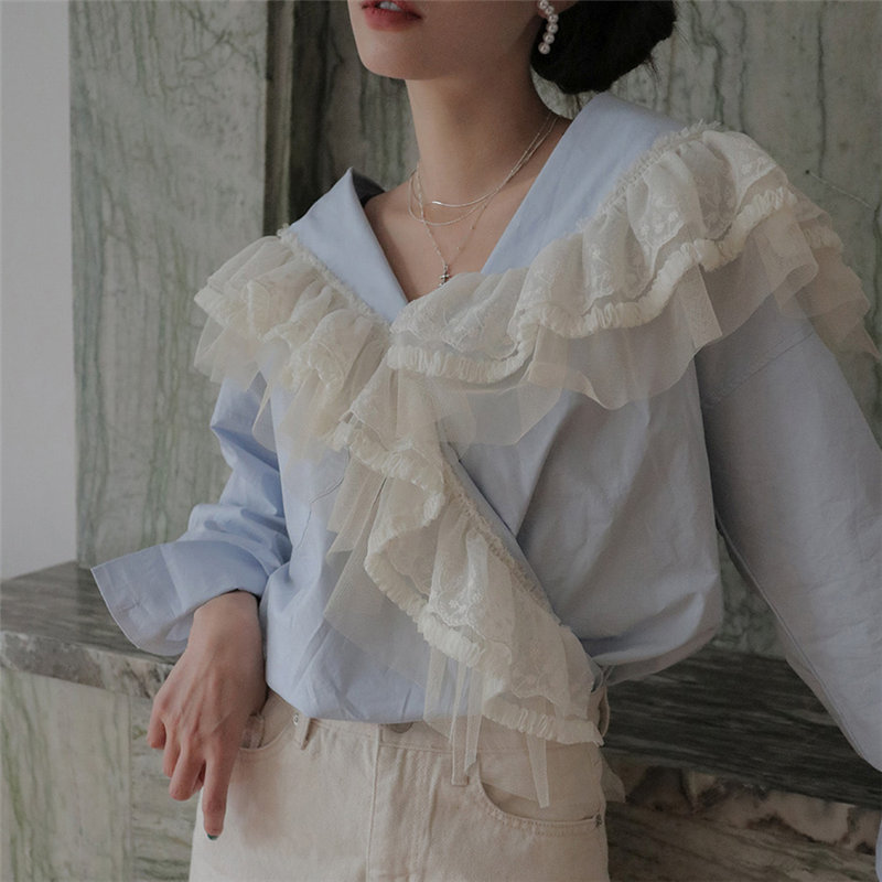 

Alien Kitty 2020 Patchwork Lace Lady Vintage Deeply V-neck Ruffles Chic Long Sleeve Elegant Top Loose Shirt Women Blouses, Blue